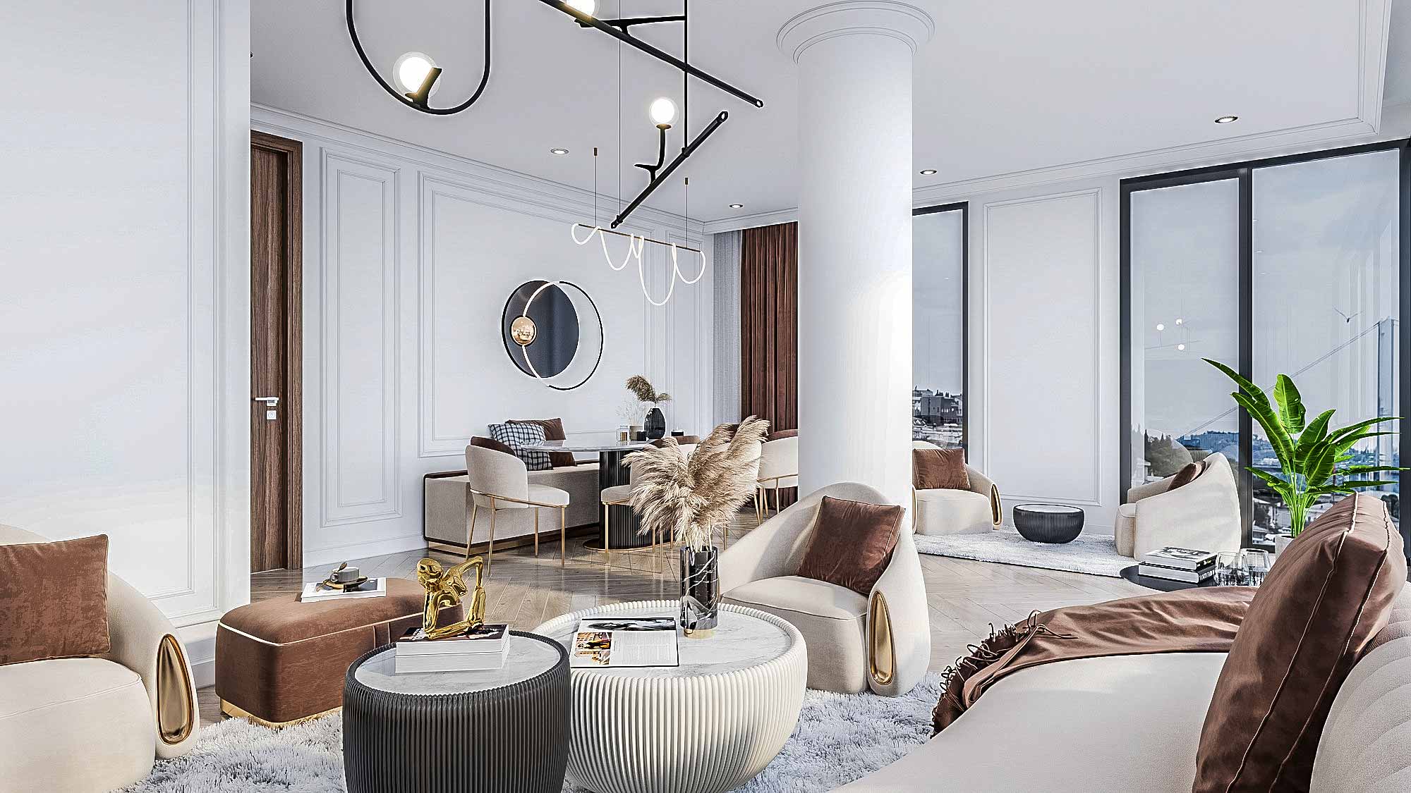 Bej koltuk takımlı modern oturma odası